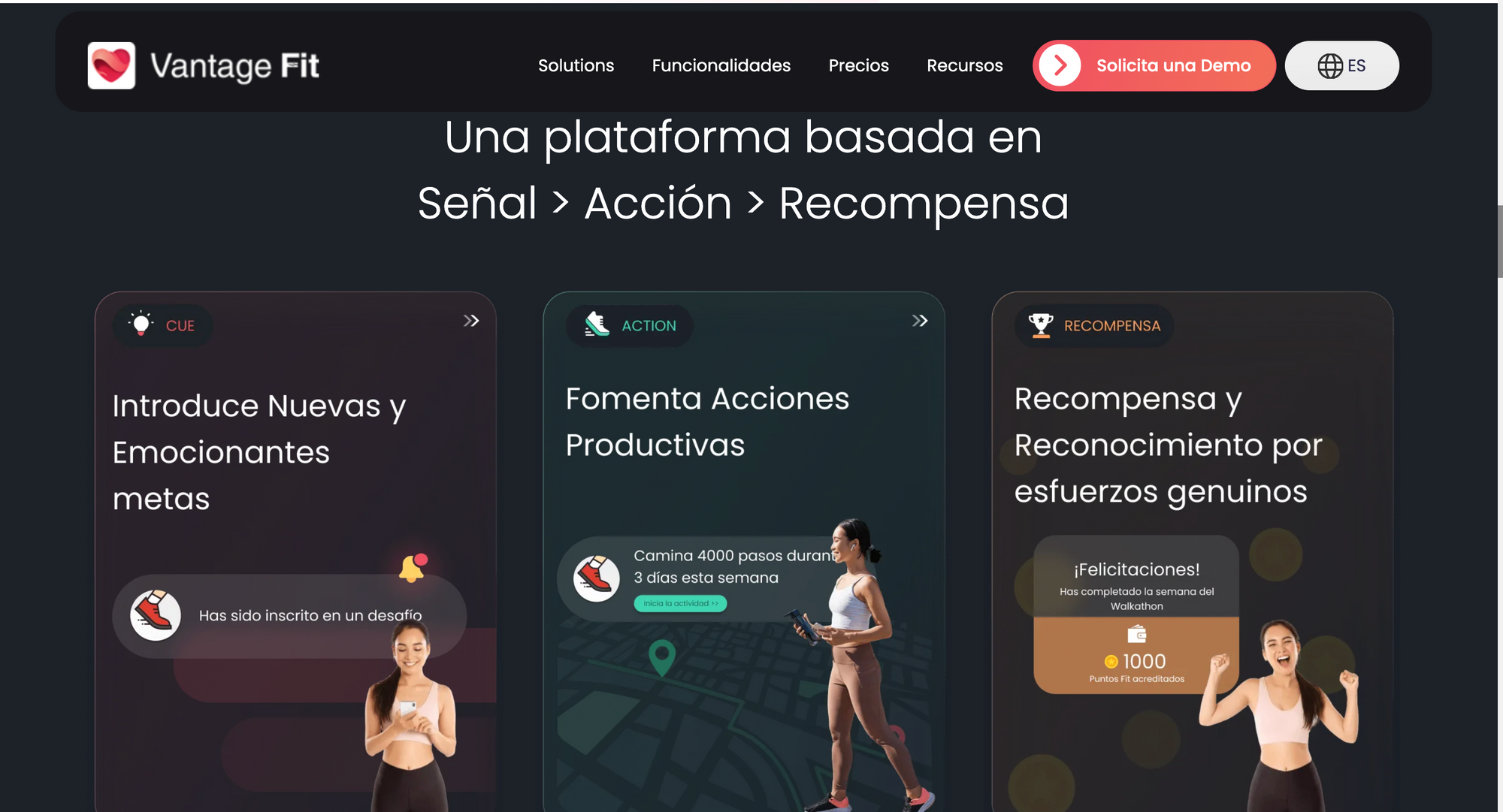 Atención plena y actividad activa de la app Vantage Fit